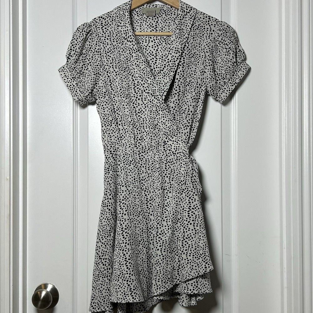 Passport White Black Dalmatian Spot Print Ruffle Hem Puff Sleeve Wrap Mini Dress